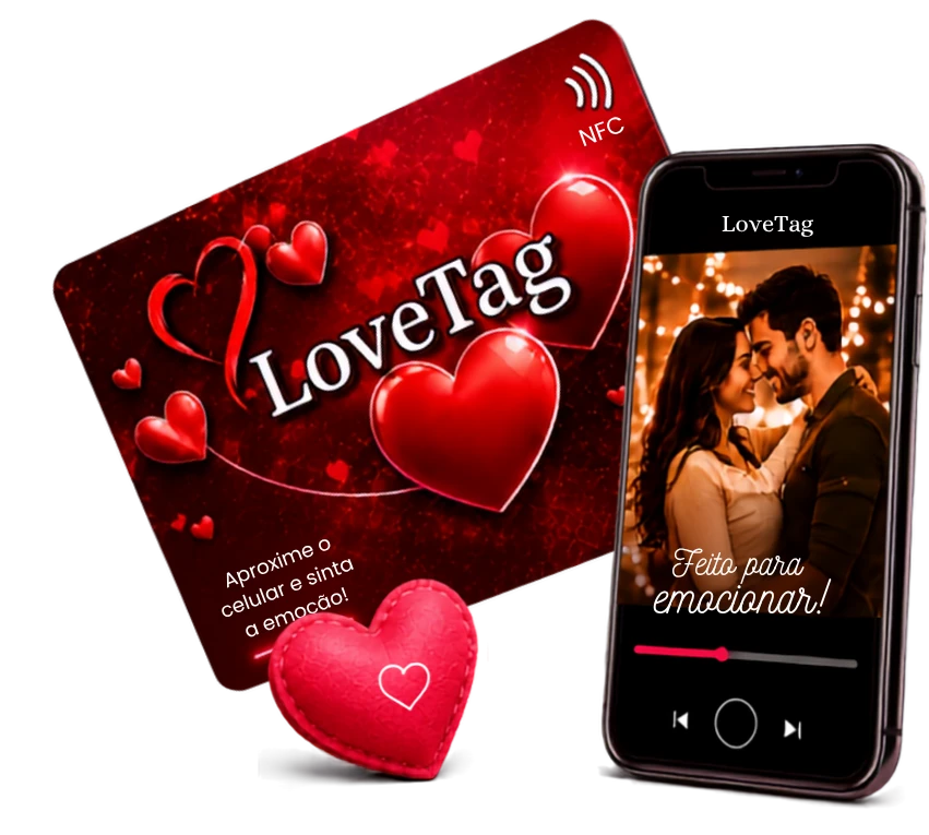 Cartão LoveTag NFC ao lado de um smartphone tocando a mensagem em vídeo
